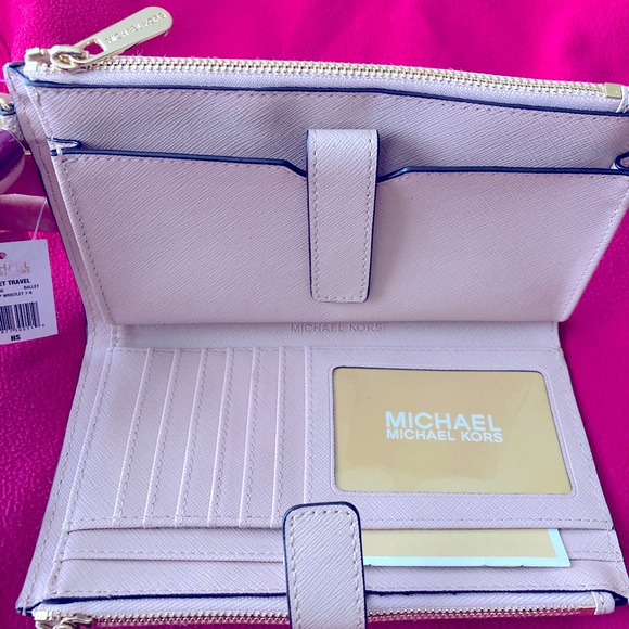 Michael Kors Women's Jet Set Travel Double Zip Wristlet - Pink Color MK Logo - Picture 2 of 3